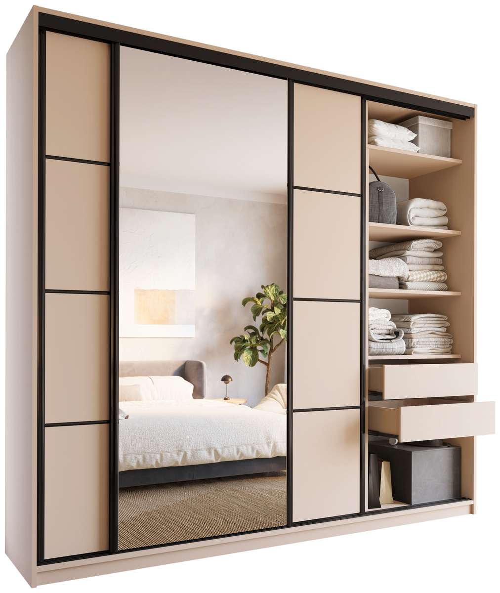 Beżowa szafa przesuwna z lustrem 250 cm do sypialni LOFT MAX