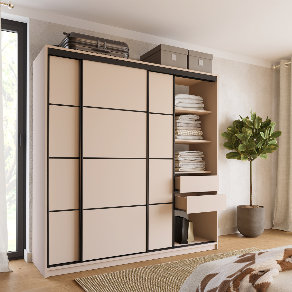 Duża szafa przesuwna do sypialni 200 cm LOFT beż piaskowy