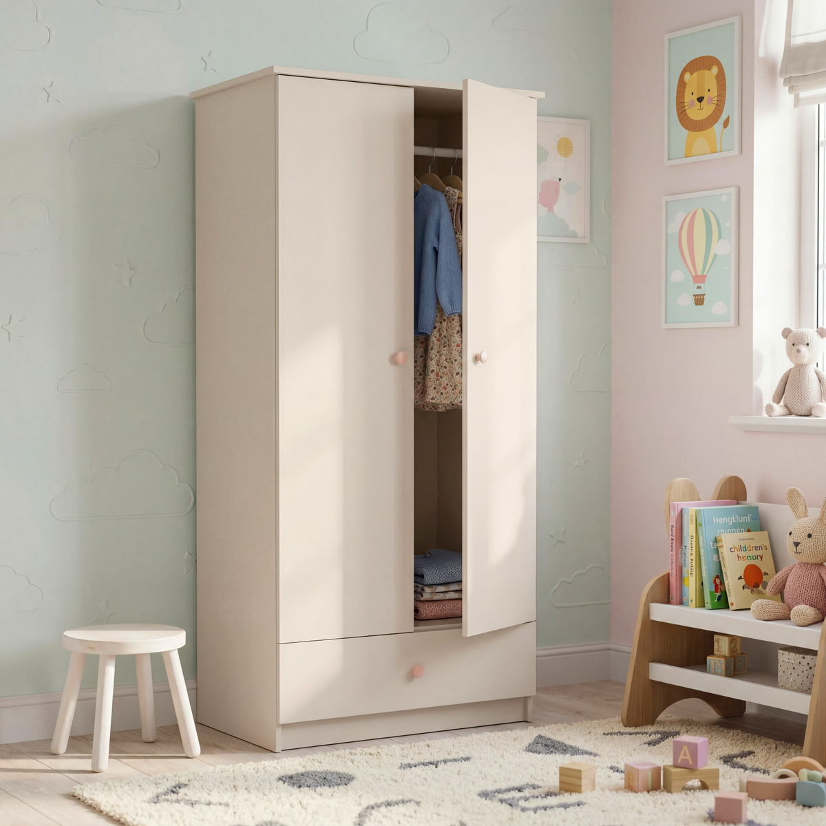 Szafa 85 cm do pokoju dziecięcego z szufladą półkami i drążkiem ORIO kaszmir