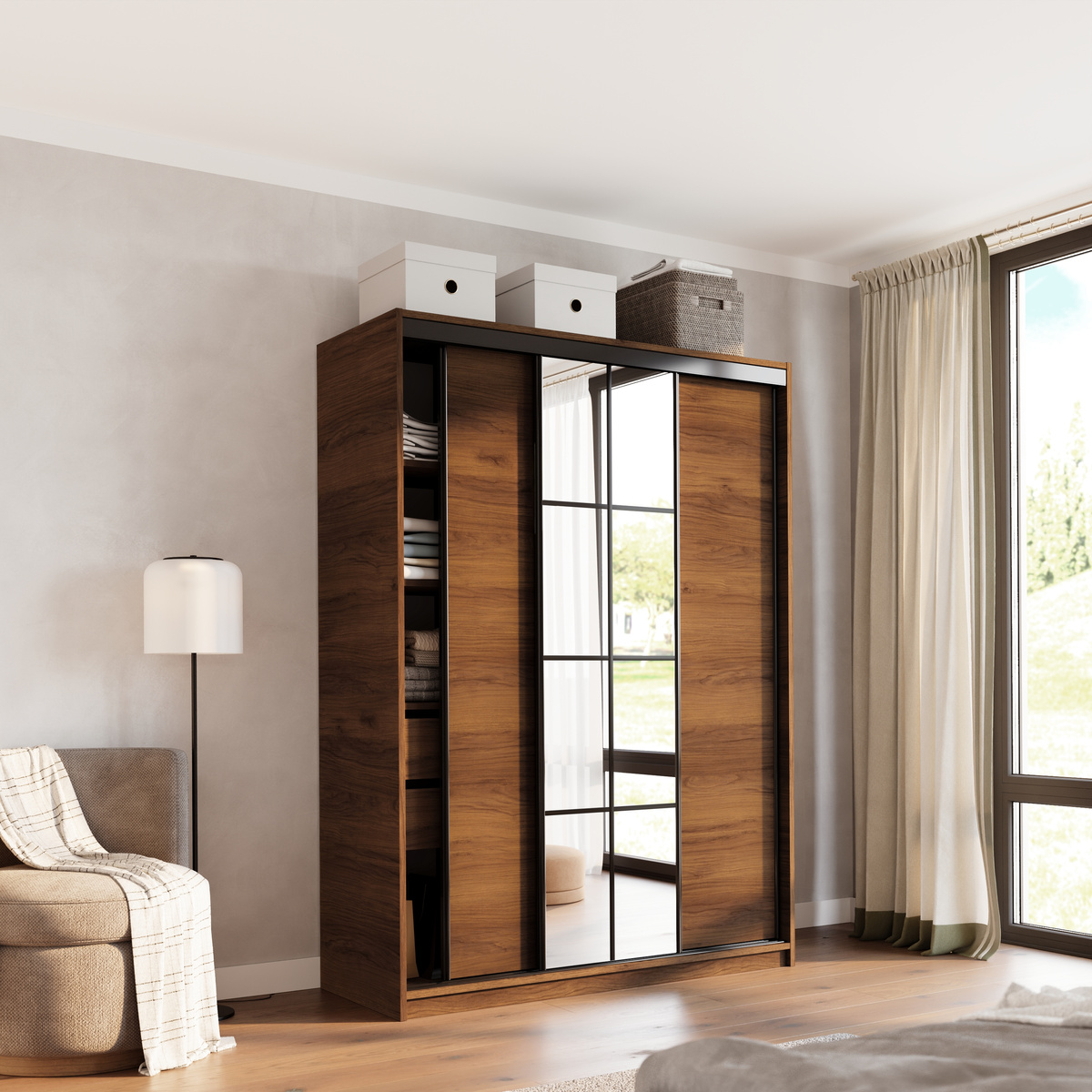 Szafa przesuwna z lustrem 150 cm do sypialni EDGE orzech