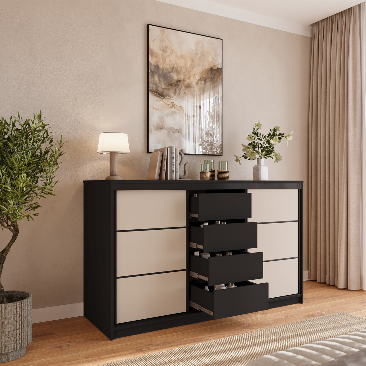 Komoda z szufladami i drążkami 160 cm do sypialni LOFT