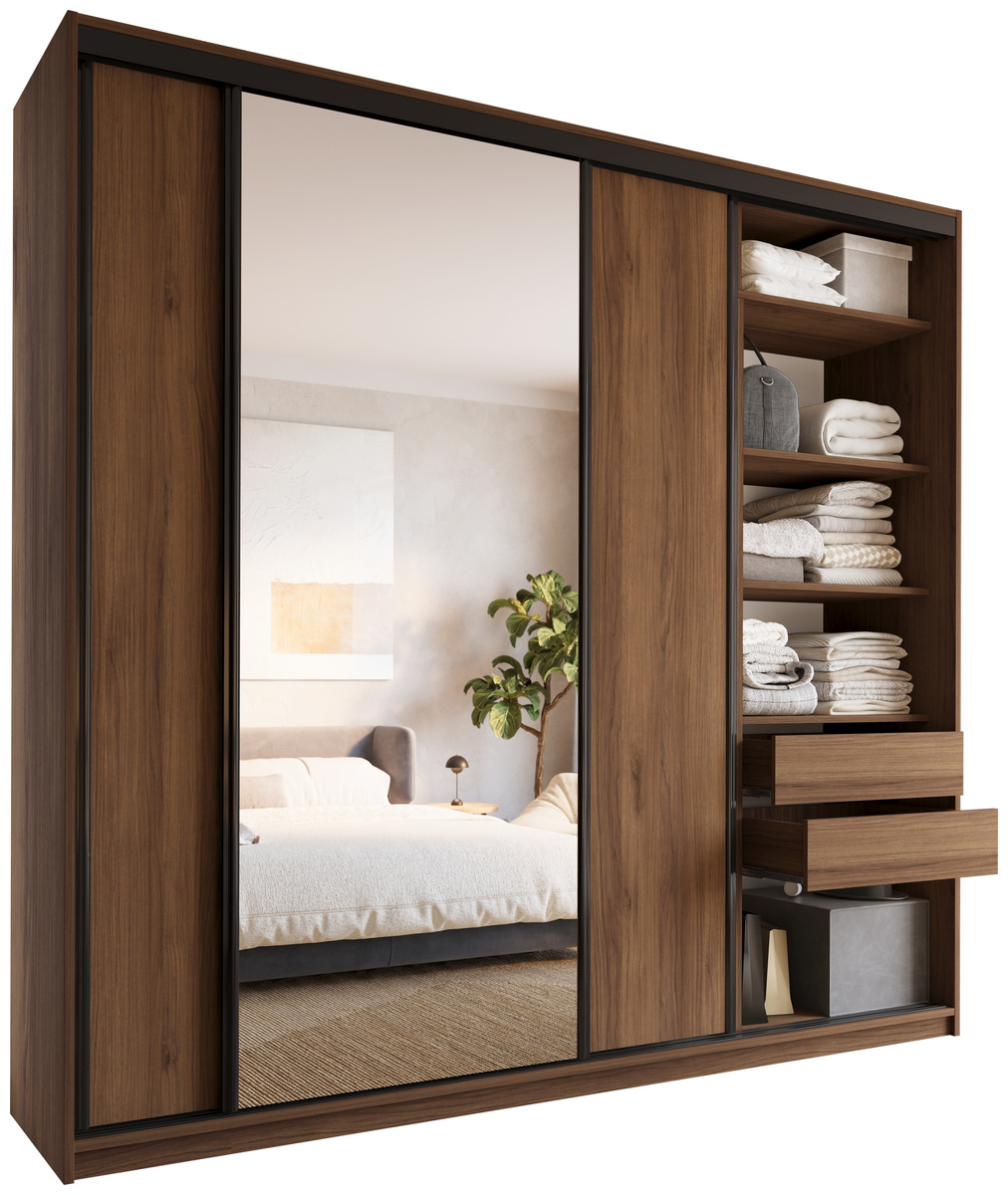 Duża szafa przesuwna z lustrem 250 cm do sypialni LOFT MAX orzech