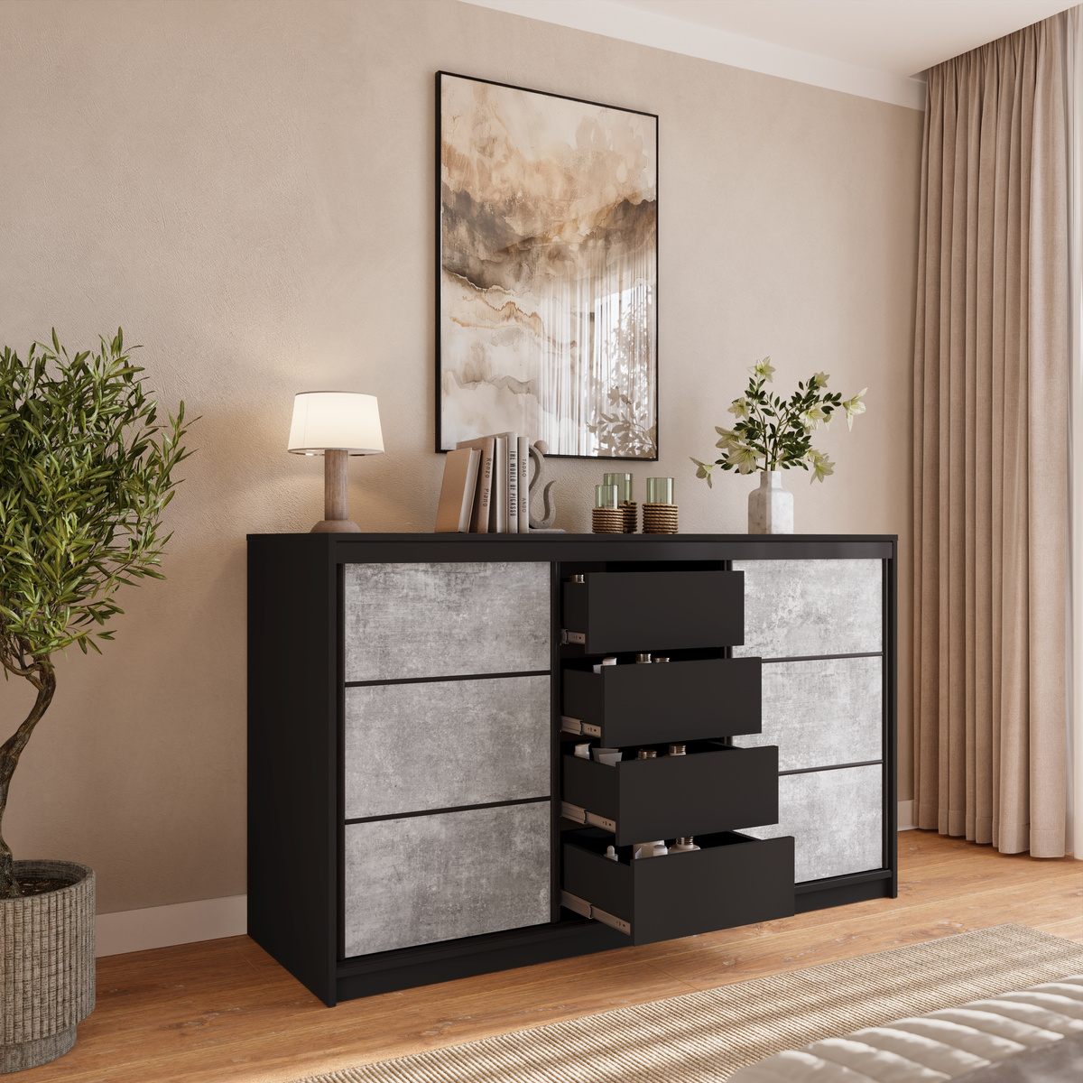Komoda do sypialni 160 cm z drążkami i szufladami LOFT beton