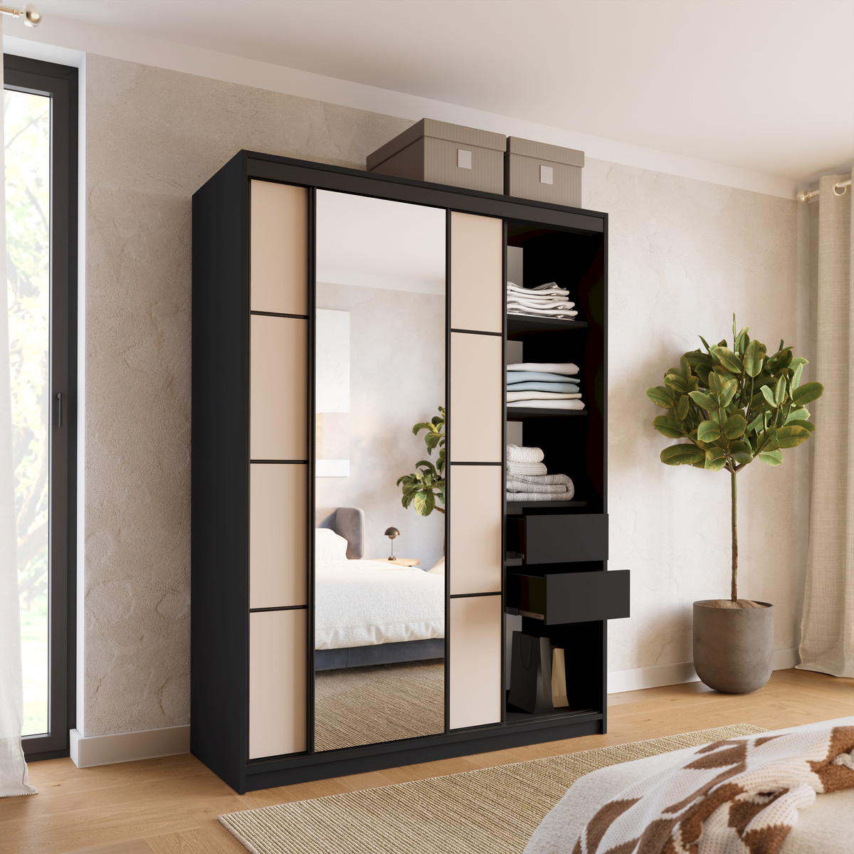 Nowoczesna szafa przesuwna z lustrem do sypialni 150 cm beż piaskowy LOFT