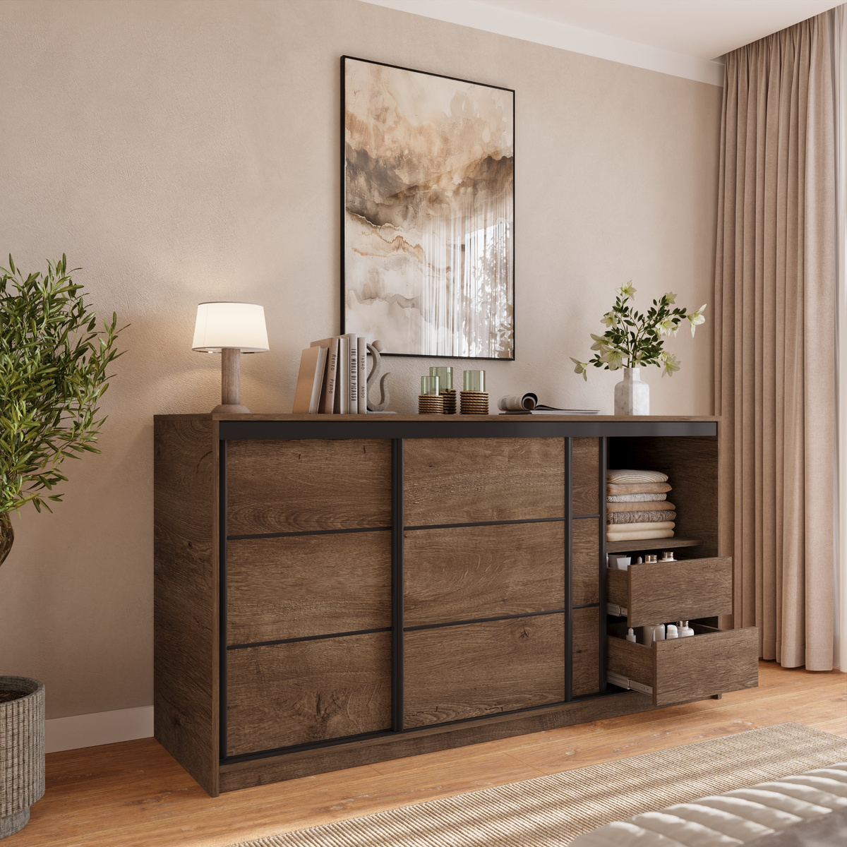 Pojemna trzydrzwiowa komoda z szufladami LOFT 180 cm dąb lefkas