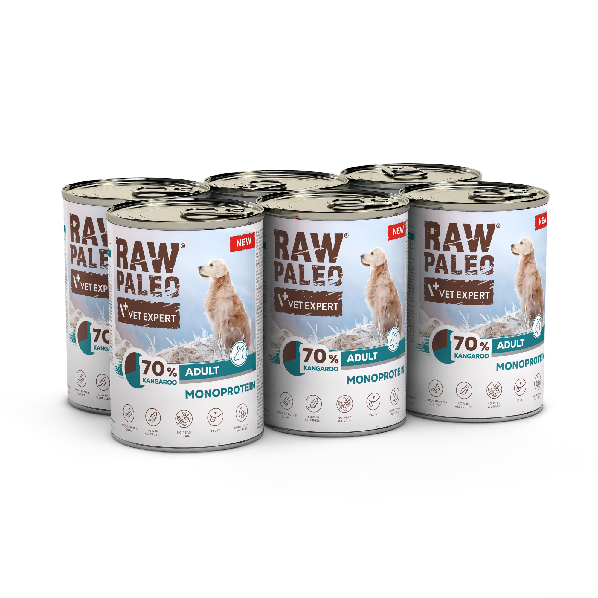 RAW PALEO Adult Dog Kangaroo 6x400g | Monoproteinowa mokra karma z kangurem | 70% mięsa | Bez zbóż