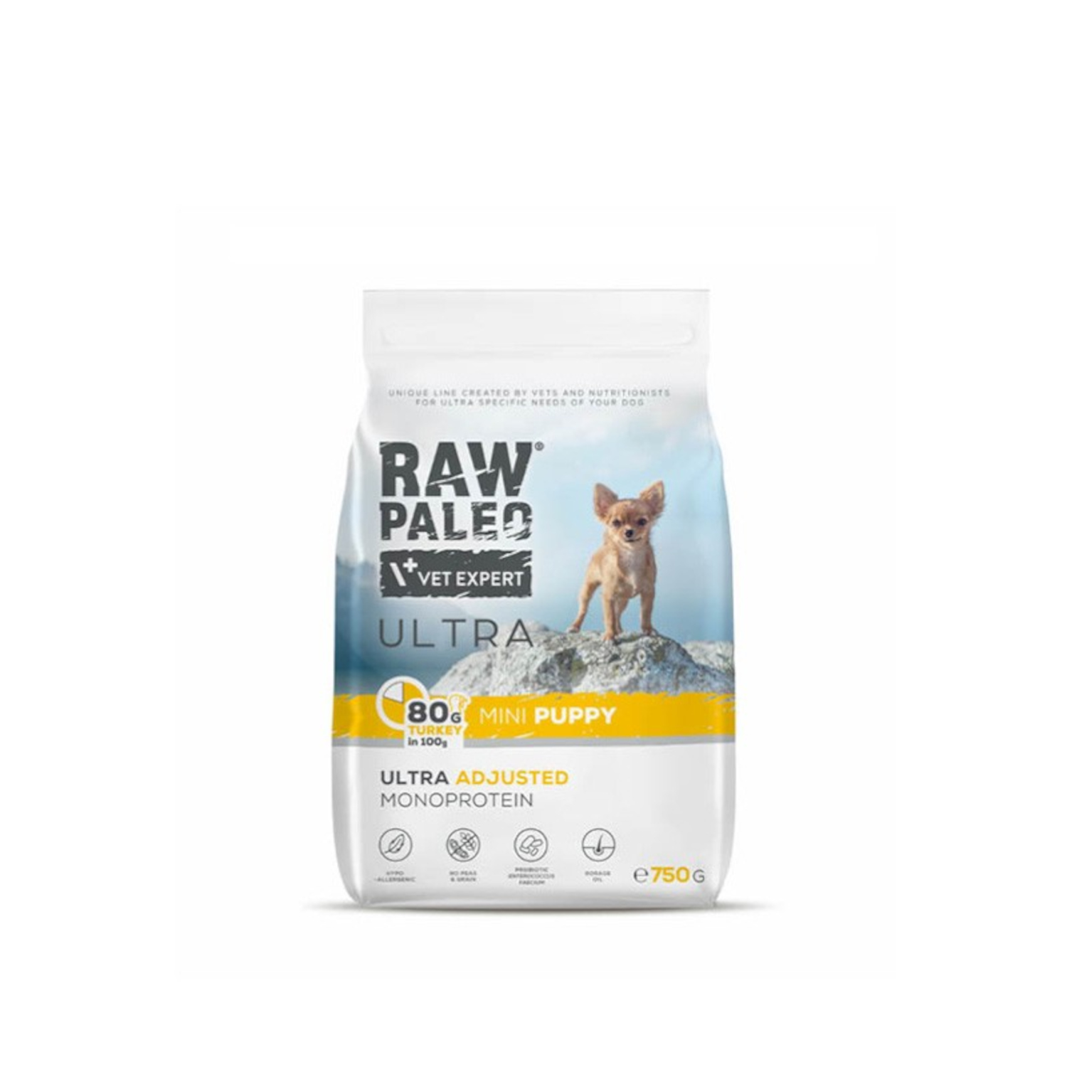 RAW PALEO ULTRA Turkey Puppy Mini | 750g | Sucha karma z indykiem dla szczeniąt | 80% mięsa | Bez zbóż