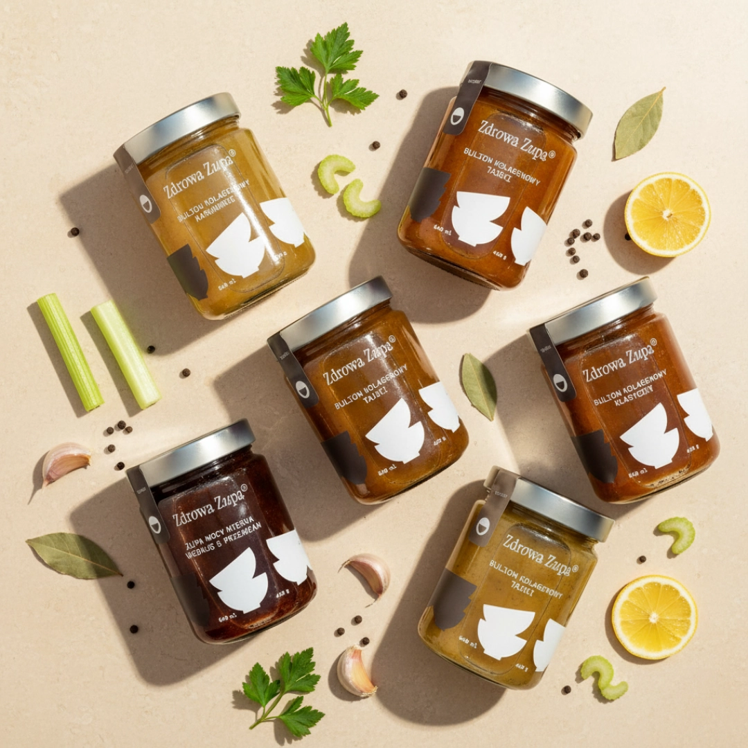 6 x Zupy mocy / Buliony kolagenowe MIX (długo gotowane buliony, bez glutenu, bez laktozy, czysty skład 6 x 540 ml, do lodówki)