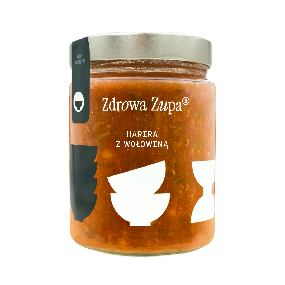 Wysokobiałkowa harira z wołowiną (high protein, 30,6g białka, spalanie, bez glutenu, bez laktozy, czysty skład 540 ml, do lodówki)