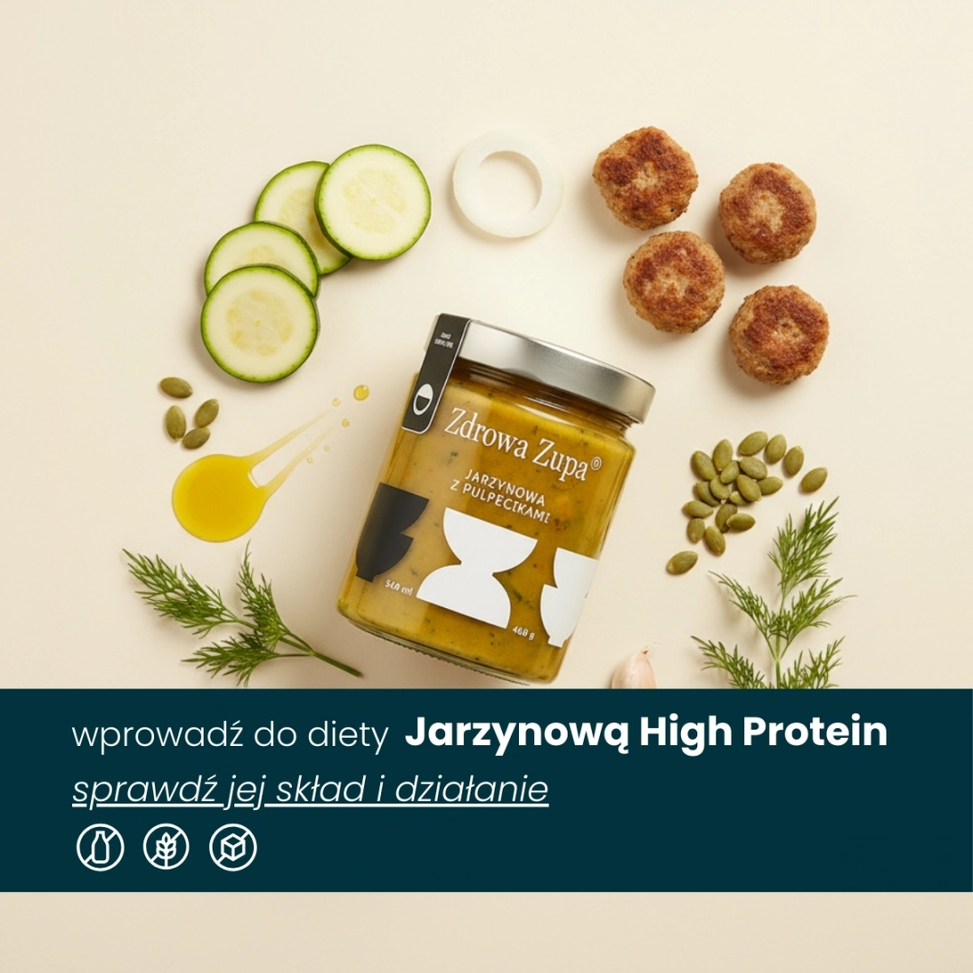Wysokobiałkowa jarzynowa z pulpecikam (high protein, 31g białka, spalanie, bez glutenu, bez laktozy, czysty skład 540 ml, do lodówki)
