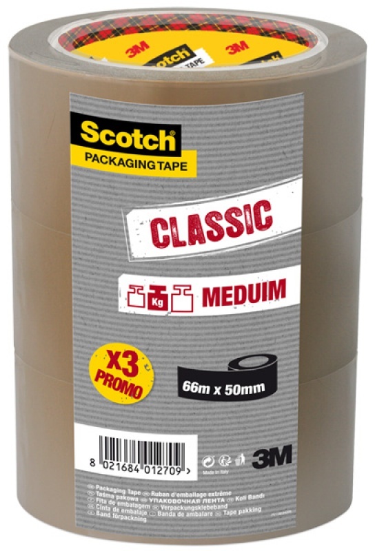 Taśma pakowa Scotch, 50mmx66m, hot-melt, 3 sztuki, brązowy