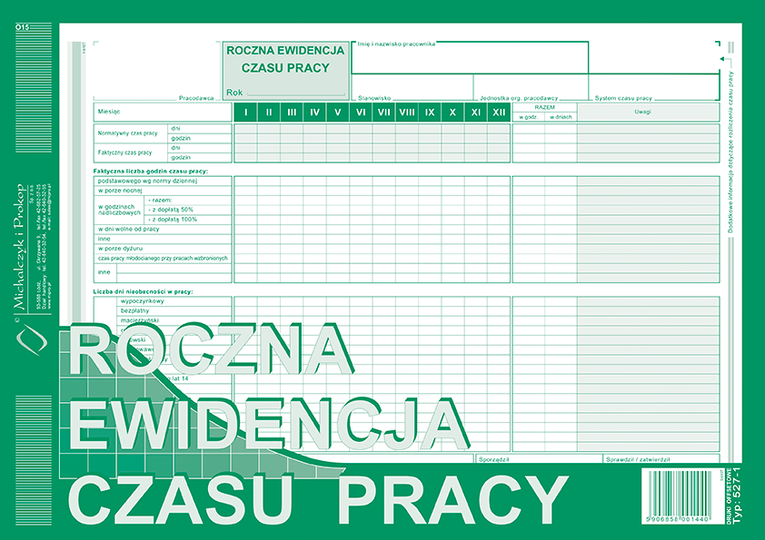 Druk akcydensowy Roczna ewidencja czasu pracy MiP, A4, 527-1, 40k