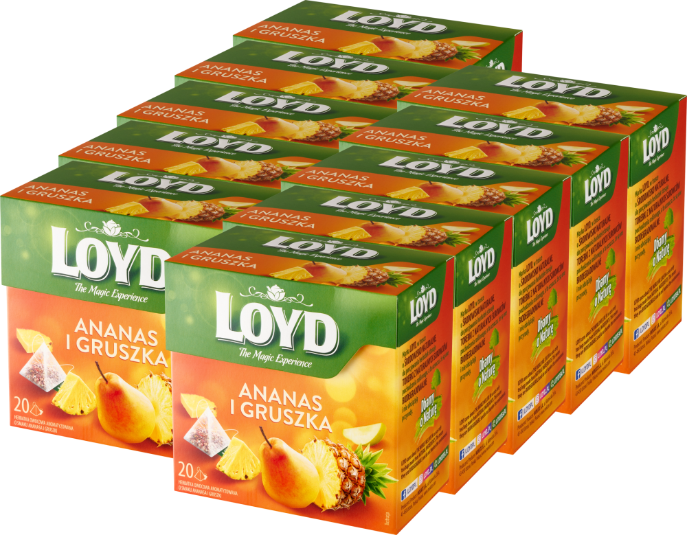 10x Herbata owocowa w piramidkach Loyd, ananas i gruszka, 20 sztuk x 2g