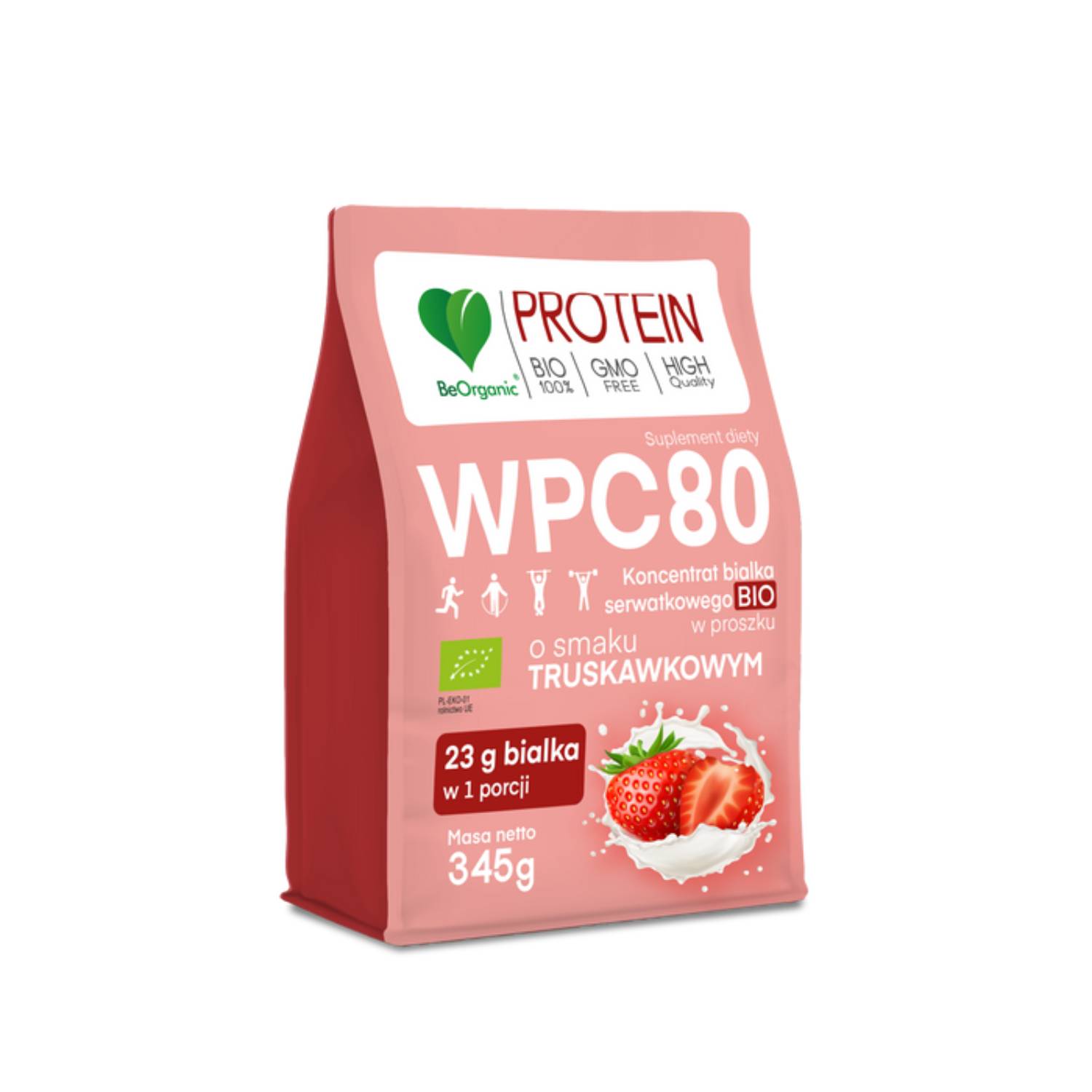 Beorganic białko serwatkowe wpc80 bio, smak truskawkowy, 345 g