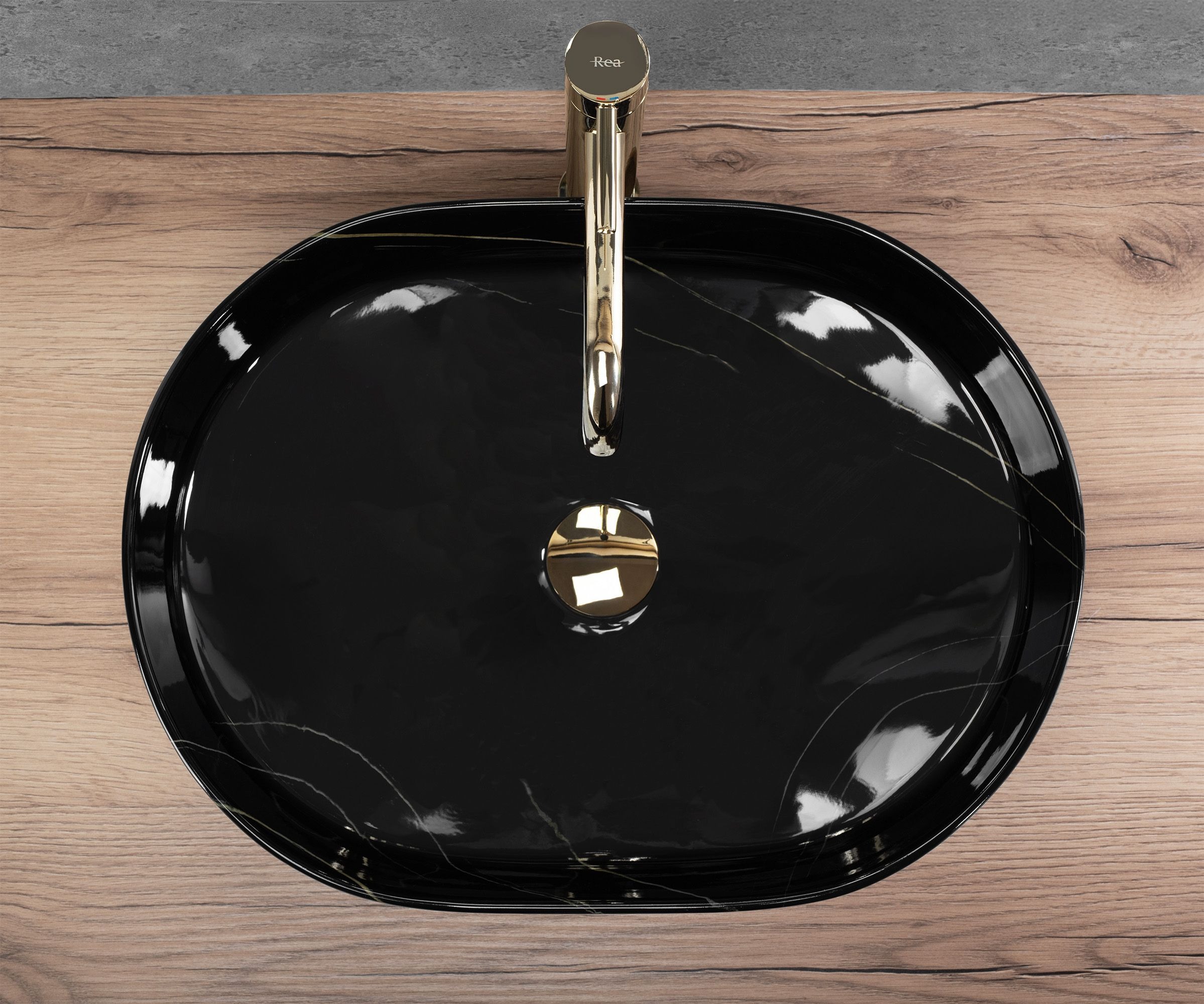 Rea Nadia Black Stone umywalka 50x38 cm owalna nablatowa czarna-złota REA-U9240