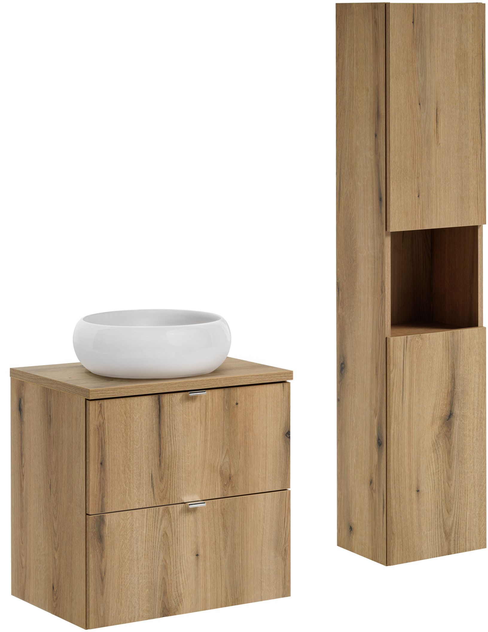 Zestaw Comad Nova Oak szafka z blatem 60 cm wisząca i umywalka Wiki 36x36 cm biała z szafką boczną wysoką dąb SET-NOA B OAK 60CM S UN ...