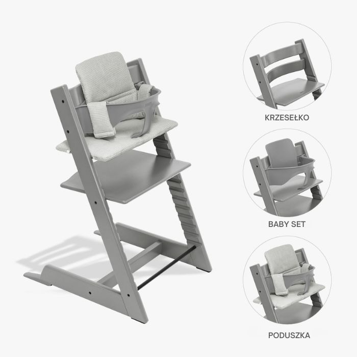 Stokke Tripp Trapp Bundle - krzesełko do karmienia + zestaw Baby Set V2 + poduszka Classic-Storm Grey, Nordic Grey