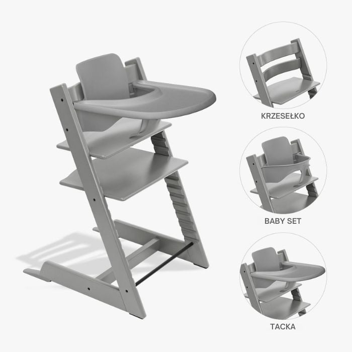 Stokke Tripp Trapp Bundle - krzesełko do karmienia + zestaw Baby Set V2 + tacka-Storm Grey