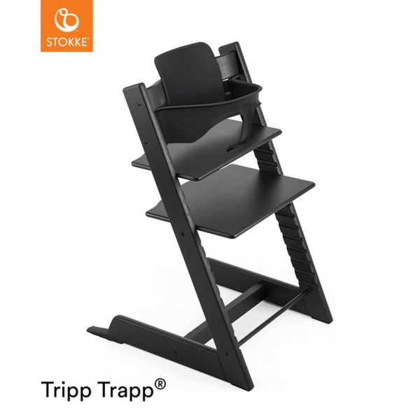 Stokke Tripp Trapp + zestaw Baby Set + tacka - rosnące krzesełko do karmienia z akcesoriami-Oak Black (drewno dębowe)-Black
