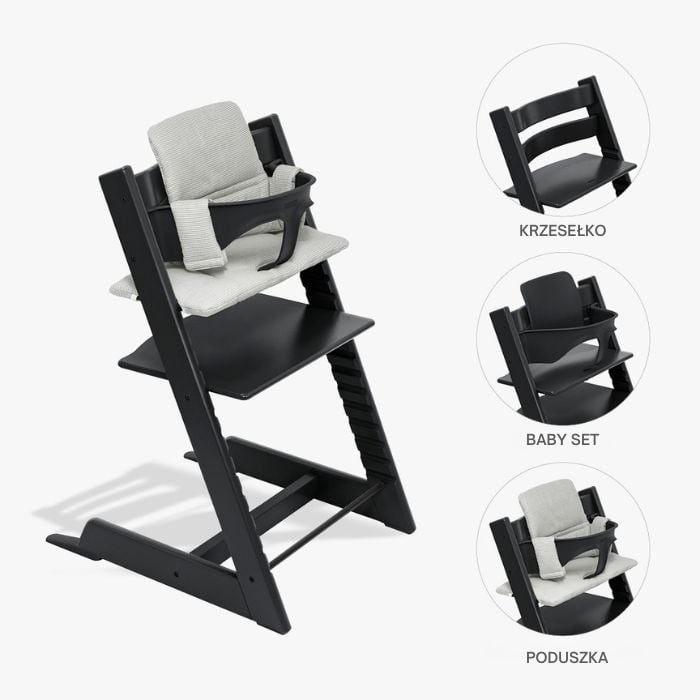 Stokke Tripp Trapp Bundle - krzesełko do karmienia + zestaw Baby Set V2 + poduszka Classic-Black, Nordic Grey