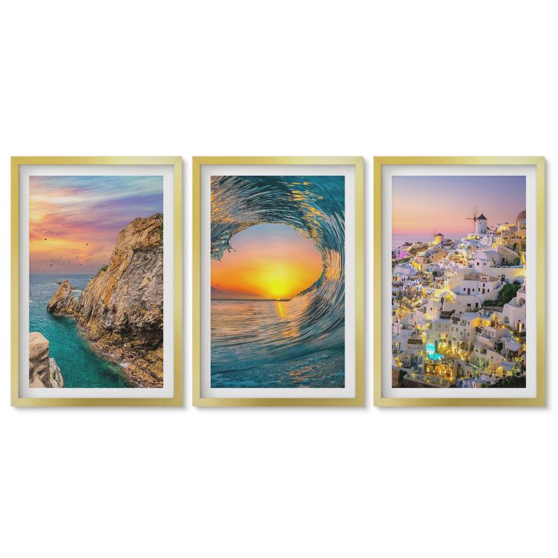 Komplet obrazów złota rama Tulup 40x60 cm Morze fale białe domy Santorini Obrazy nad biurko zestaw złota rama 1 kpl