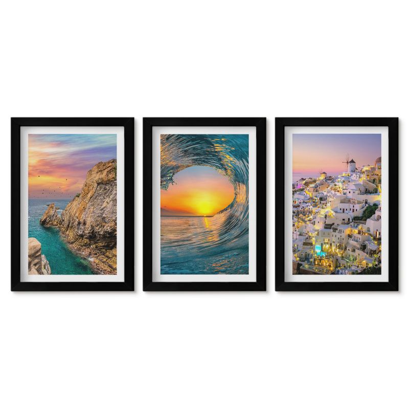 Komplet obrazów czarna rama Tulup 20x30 cm Morze fale białe domy Santorini Obrazy nad biurko zestaw czarna rama 1 kpl