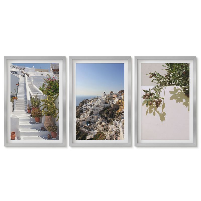 Zestaw 3 obrazów w srebrnych ramach Tulup 40x60 cm Białe schody Santorini widok Stylowa galeria nad biurko 1 kpl