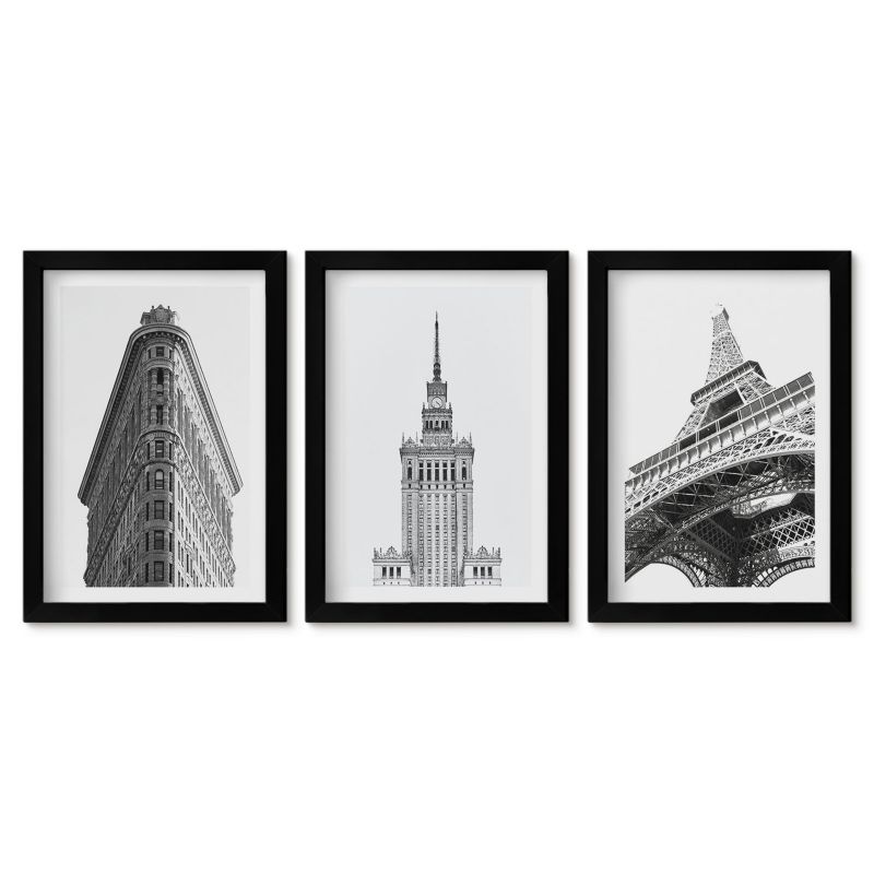 Zestaw 3 obrazów w czarnych ramach Tulup 20x30 cm Architektoniczne czarno-białe budowle Stylowa galeria nad biurko 1 kpl