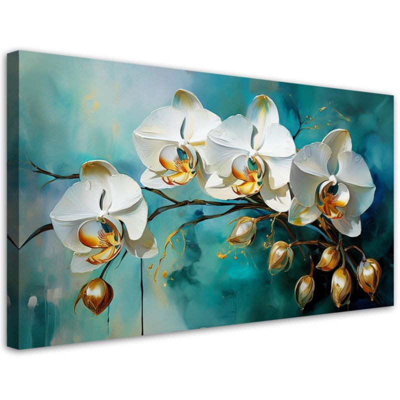 Obraz na płótnie Feeby Biale Orchidee na turkusowym tle 80x40cm 1szt