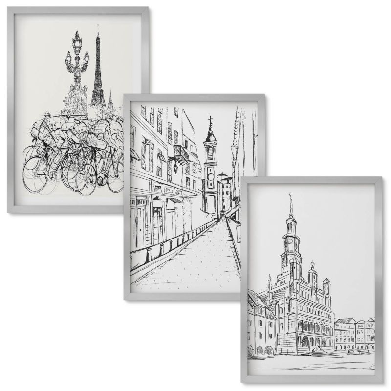 Zestaw Obrazów w Ramie Wallfluent Proste rysunki miejskich krajobrazów Srebrna rama 40x60 cm 3 szt.
