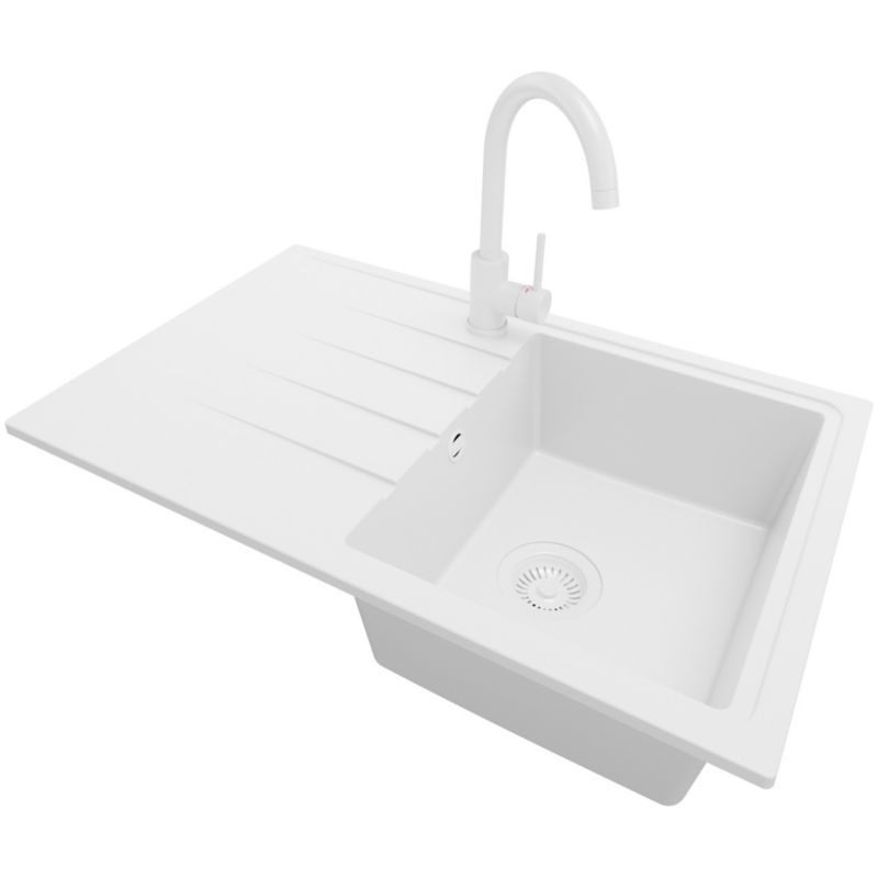Zlewozmywak Granitowy Mediolan PRIMAGRAN Nablatowy 78x50cm do Szafki od 45cm, Cały Biały + Bateria 32x20cm + Syfon, S074, 1 szt.
