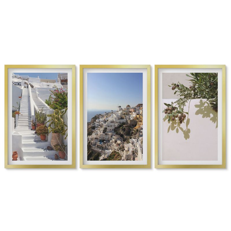 Zestaw 3 obrazów w złotych ramach Tulup 40x60 cm Białe schody Santorini widok Stylowa galeria nad biurko 1 kpl