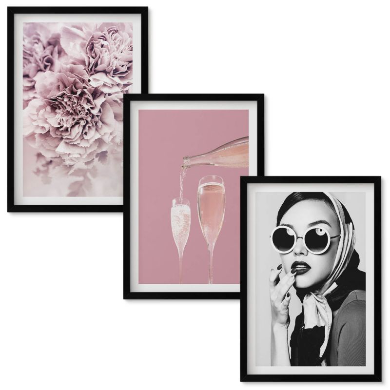 Tryptyk Obrazów w Ramie Wallfluent Kwiaty róż i elegancka dama Czarna rama 40x60 cm 3 szt.