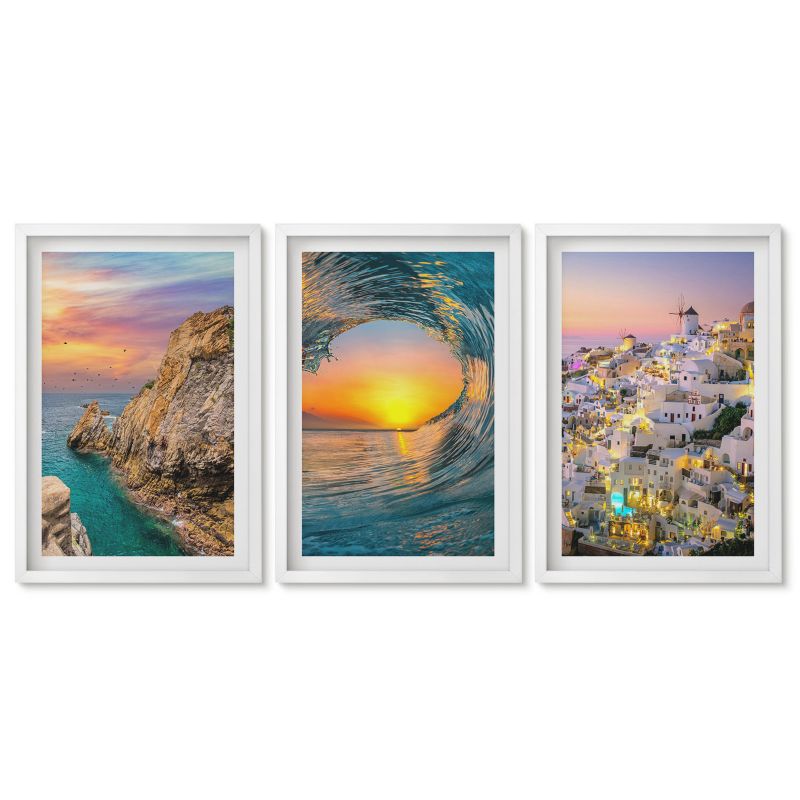 Komplet obrazów biała rama Tulup 40x60 cm Morze fale białe domy Santorini Obrazy nad biurko zestaw biała rama 1 kpl