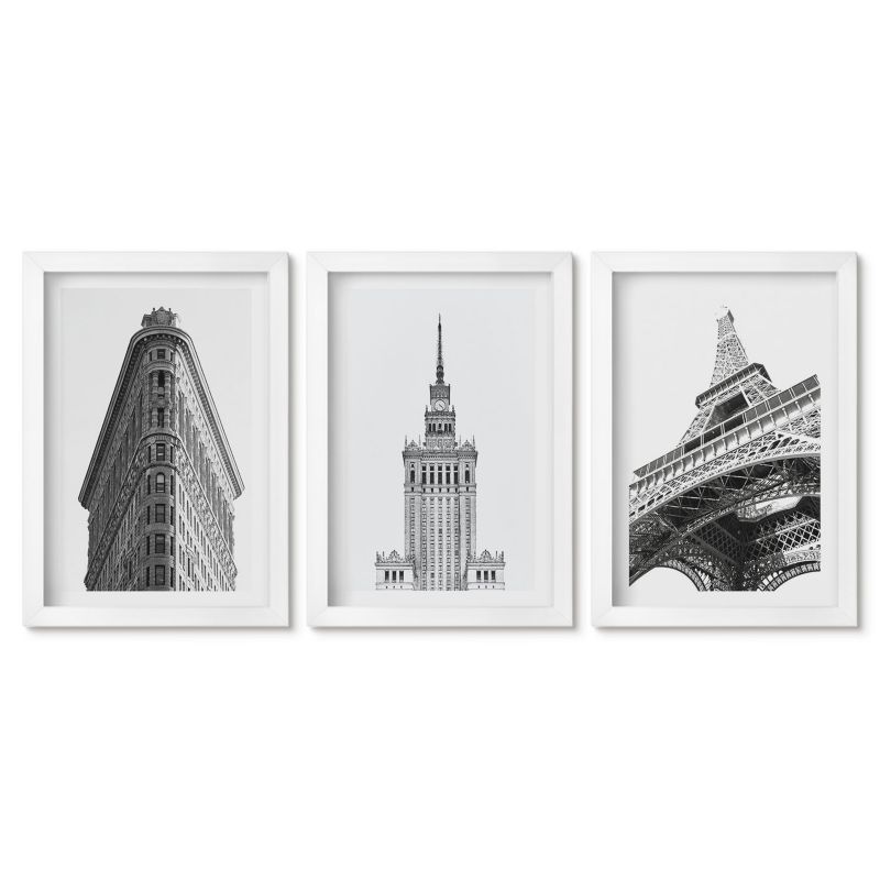 Zestaw 3 obrazów w białych ramach Tulup 20x30 cm Architektoniczne czarno-białe budowle Stylowa galeria nad biurko 1 kpl