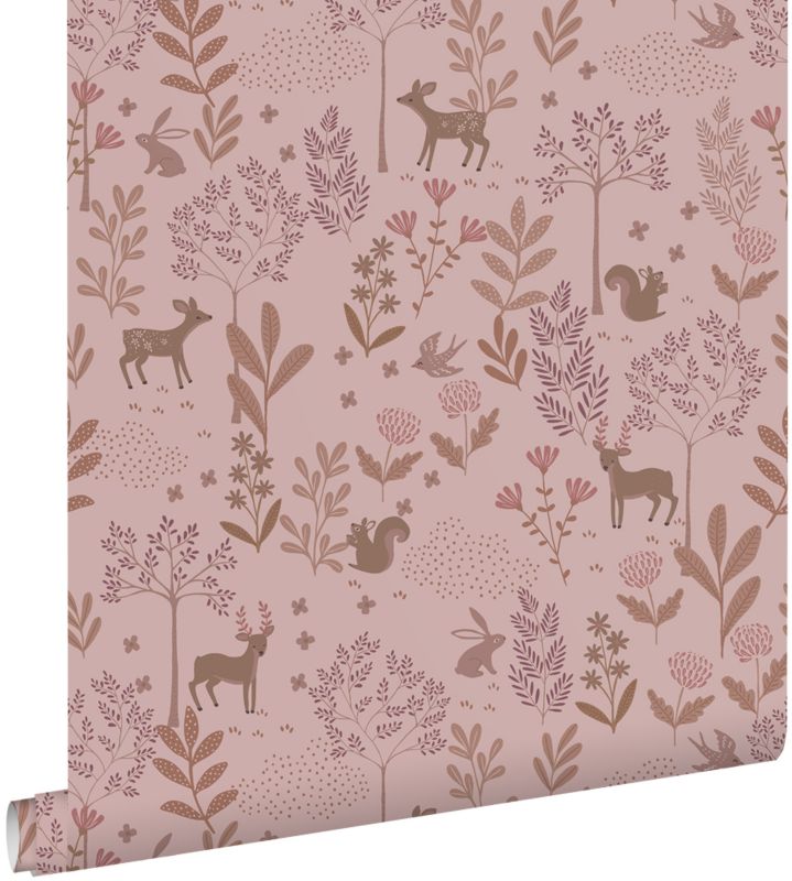 Tapeta ESTAhome las ze zwierzętami leśnymi starego różuIfioletowym 50 x 900 cm - 1 rol.