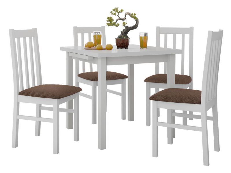 Zestaw DR14 Stół rozkładany Max VII 80x80/110 + 4 krzesła Bos 10 biały + brązowa tapicerka 1 kpl.
