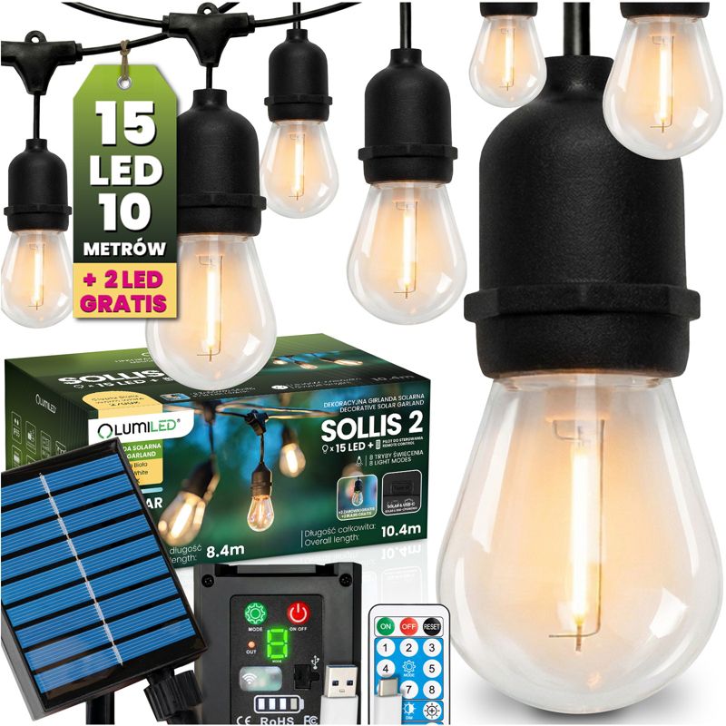 Girlanda Solarna Lumiled Ogrodowa 15x LED Ozdobne Żarówki 10.4m 2700K z Pilotem IP65 1 szt.