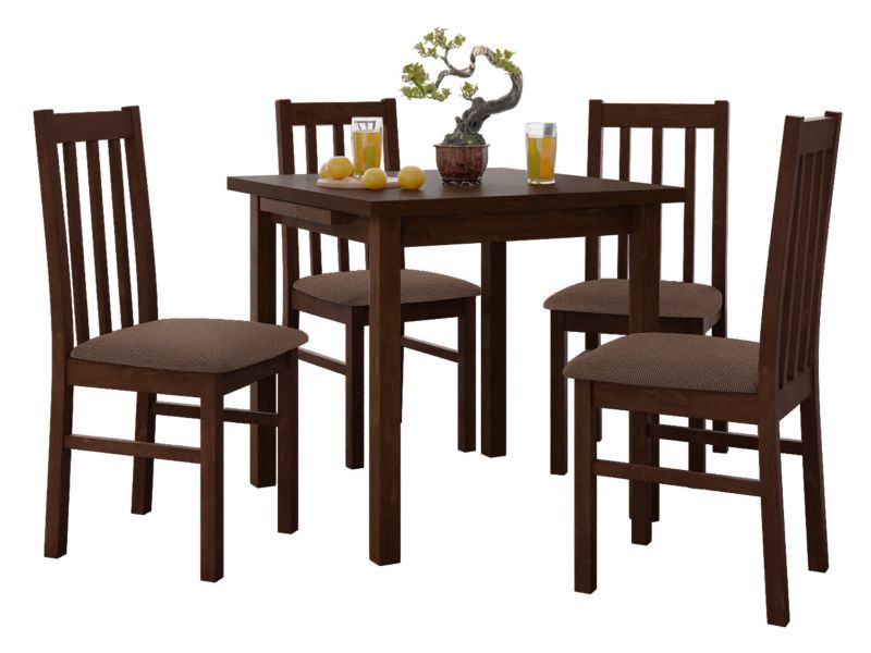 Zestaw DR14 Stół rozkładany Max VII 80x80/110 + 4 krzesła Bos 10 orzech + brązowa tapicerka 1 kpl.