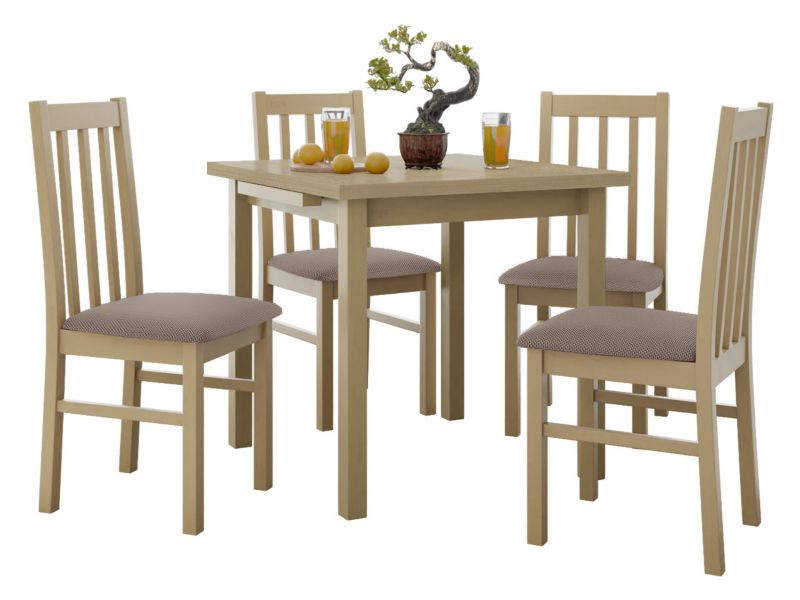 Zestaw DR14 Stół rozkładany Max VII 80x80/110 + 4 krzesła Bos 10 sonoma + jasnobrązowa tapicerka 1 kpl.