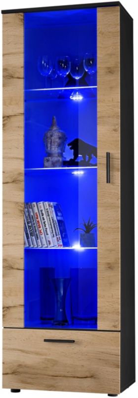 Witryna Szklana Pan Igiełka Regał Salon Czarna Dąb Wotan z Półkami RGB LED 192x60 1 szt.