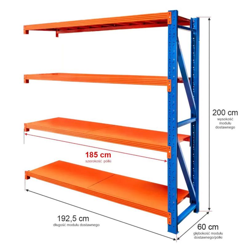 Regał Mega-M Fortis Light magazynowy metalowy warsztatowy 4-półkowy 200x192,5x60 cm moduł dostawny 1szt.