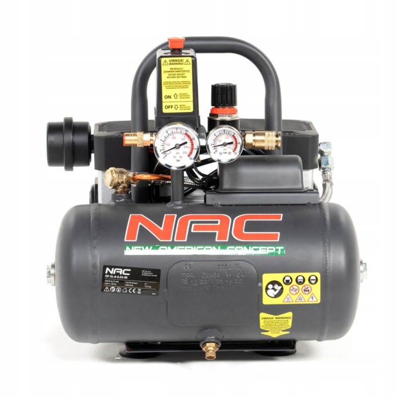 Kompresor bezolejowy NAC 6 litrów cichy 8 bar 108 l/min 550 W 230V 76 dB 1 szt.