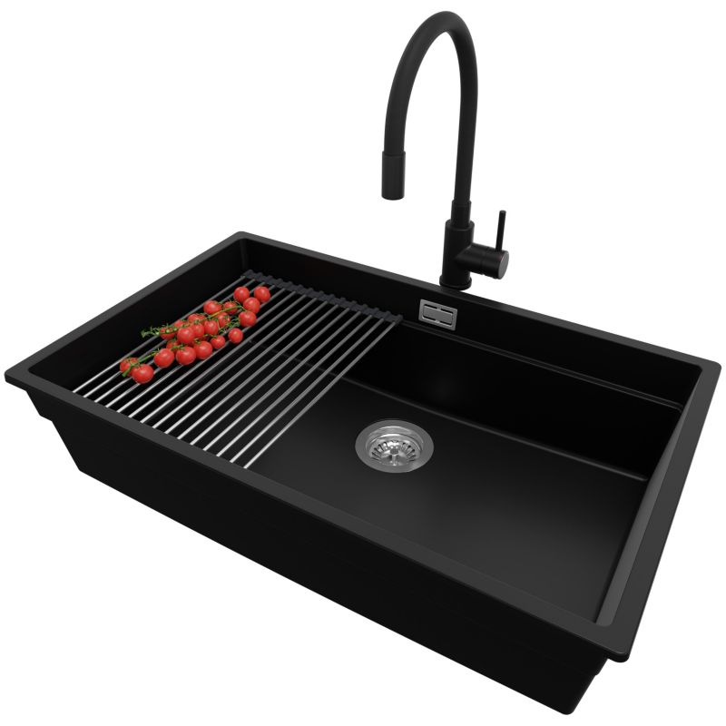 Zlewozmywak Granitowy Praga Level Slim PRIMAGRAN Nablatowy 76x47cm, Czarny + Bateria + Syfon + Akcesorium, S543, 1 szt.