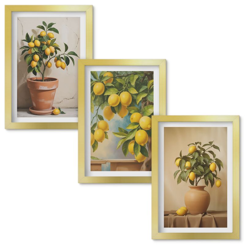 Zestaw obrazów Wallfluent Cytrynowe drzewka doniczki wazon Złota rama 20x30cm 3 szt.