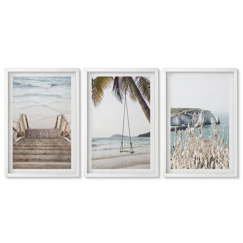 Komplet obrazów biała rama Tulup 40x60 cm Plaża drewniane schody huśtawka Stylowa galeria nad biurko 1 kpl