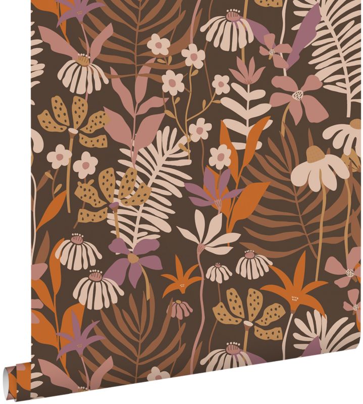 Tapeta ESTAhome tropikalne liście i kwiaty brązowym,fioletowymIw wielu kolorach 50 x 900 cm - 1 rol.
