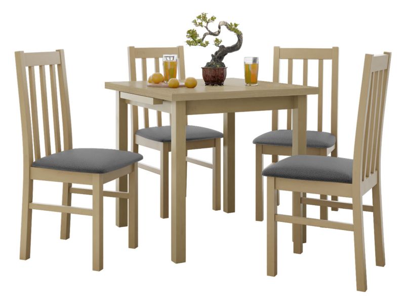 Zestaw DR14 Stół rozkładany Max VII 80x80/110 + 4 krzesła Bos 10 sonoma + ciemnoszara tapicerka 1 kpl.