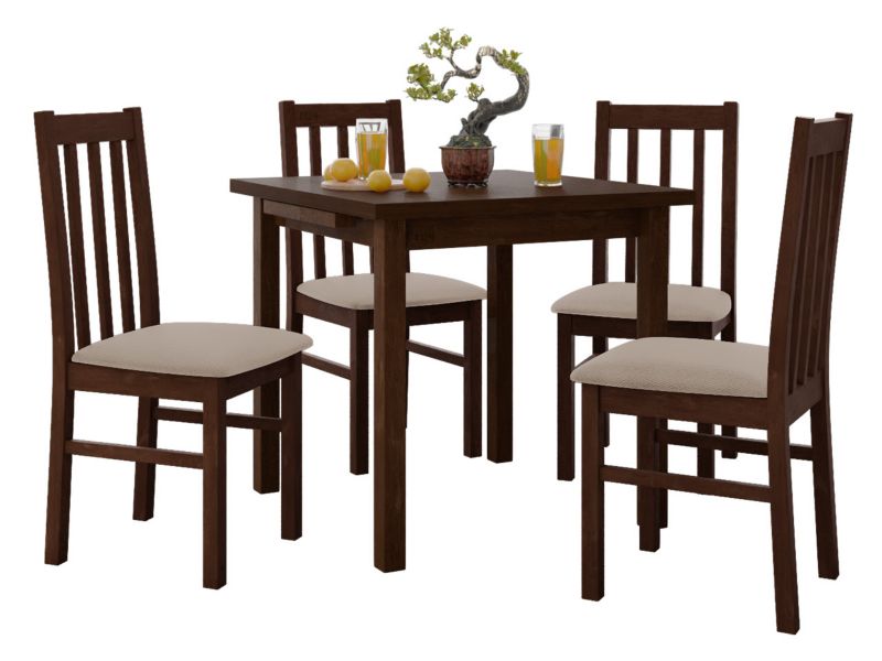 Zestaw DR14 Stół rozkładany Max VII 80x80/110 + 4 krzesła Bos 10 orzech + beżowa tapicerka 1 kpl.