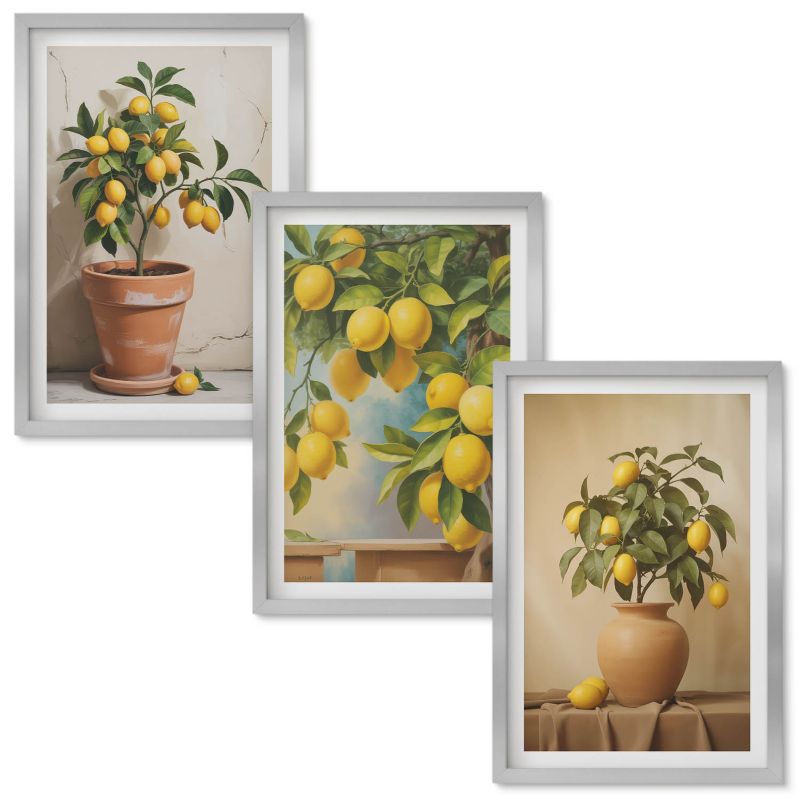 Zestaw obrazów Wallfluent Cytrynowe drzewka doniczki wazon Srebrna rama 40x60 cm 3 szt.